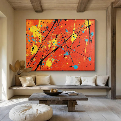 Acrylic Modern Art Paintings Orange, Yellow, Blue & Black Splatter Abstract Painting HPS255