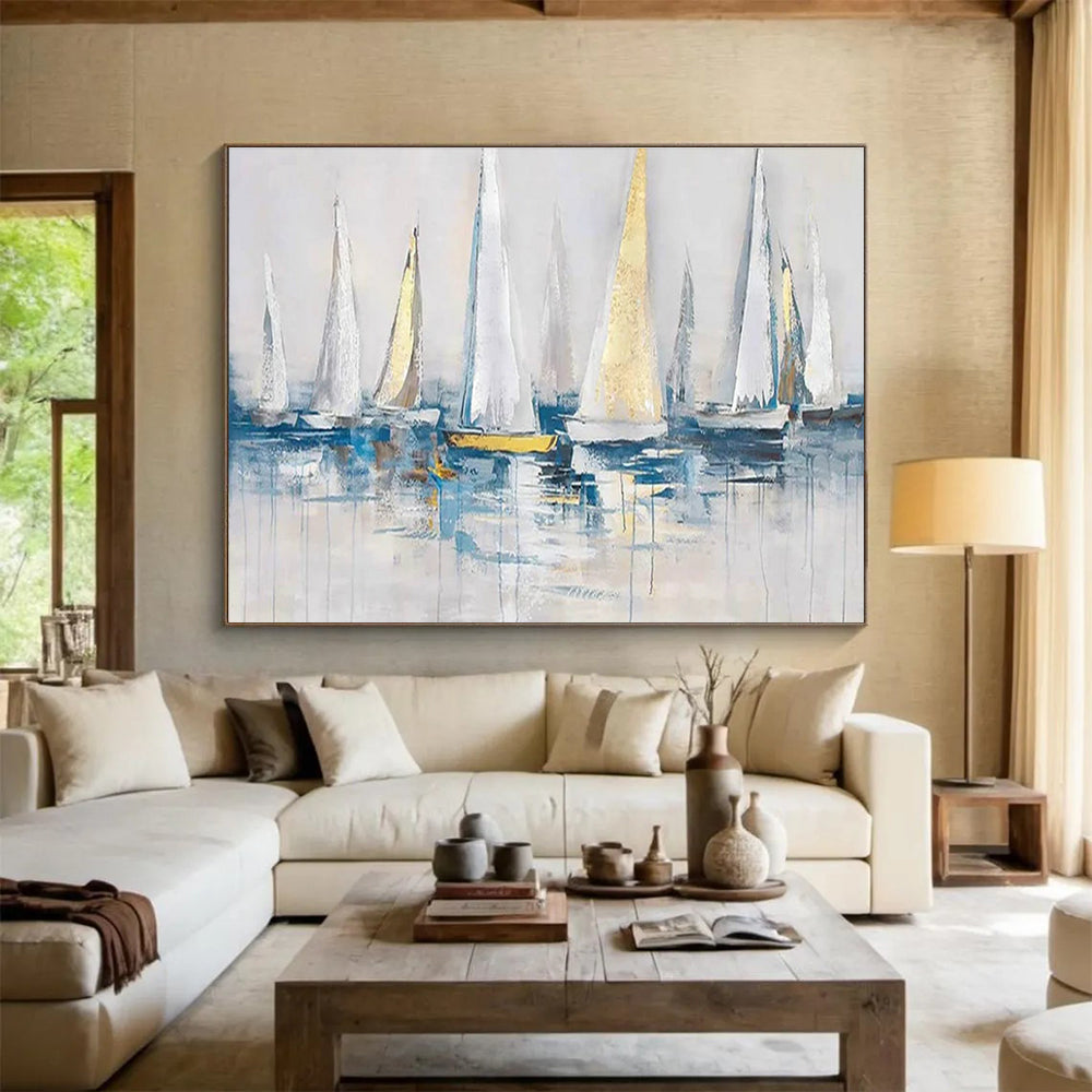 Modern Art Acrylic White & Gold Sailboat Abstract Painting HPS228