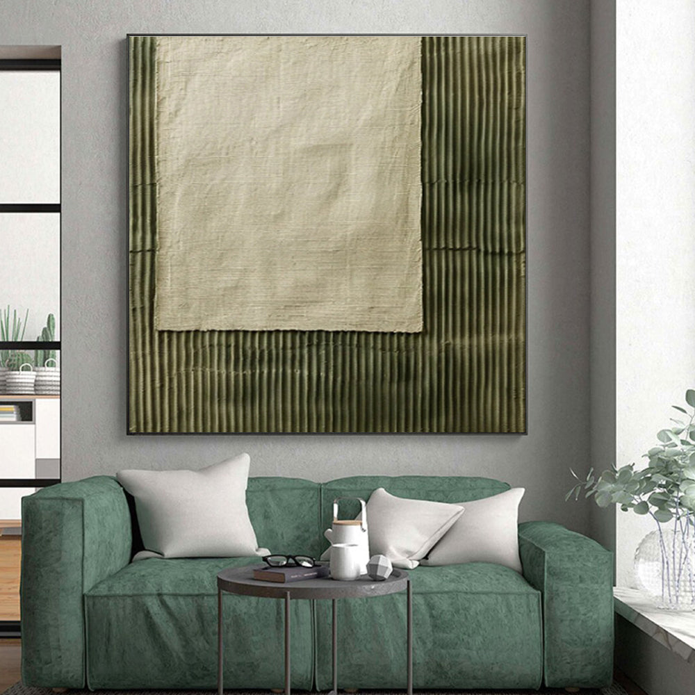 Unique Abstract Art Green Beige Textured Fabric Abstract Art PT356