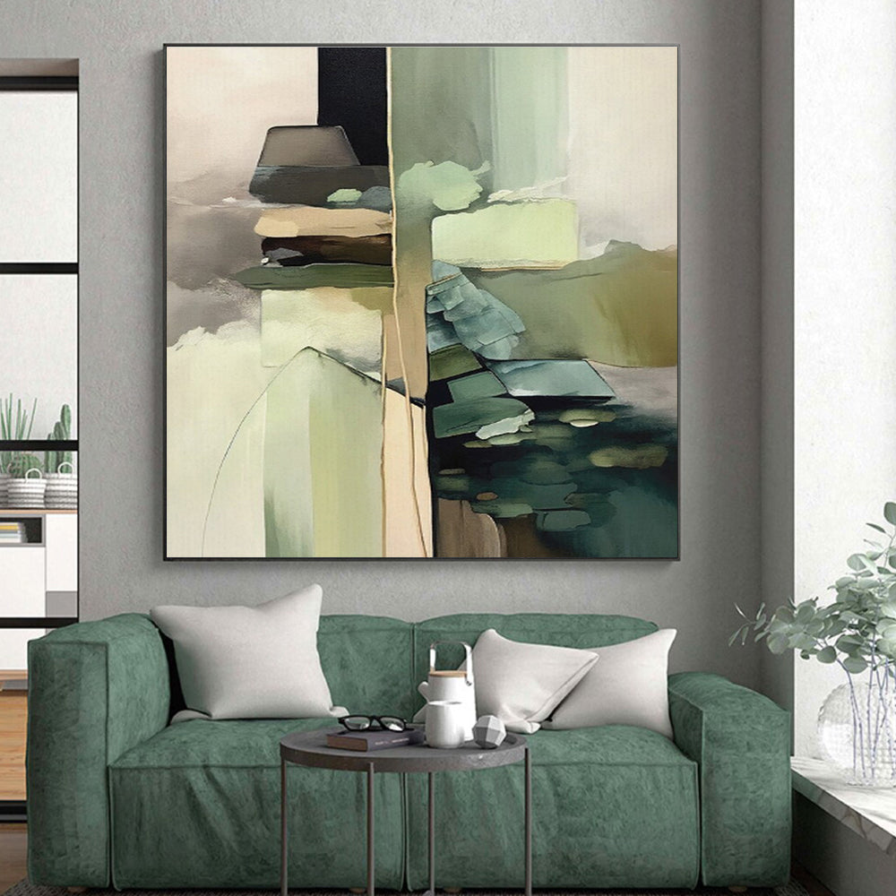 Hand-Painted - Neutral & Green Geometric Blocks Abstract Art with Soft Transitions PT581