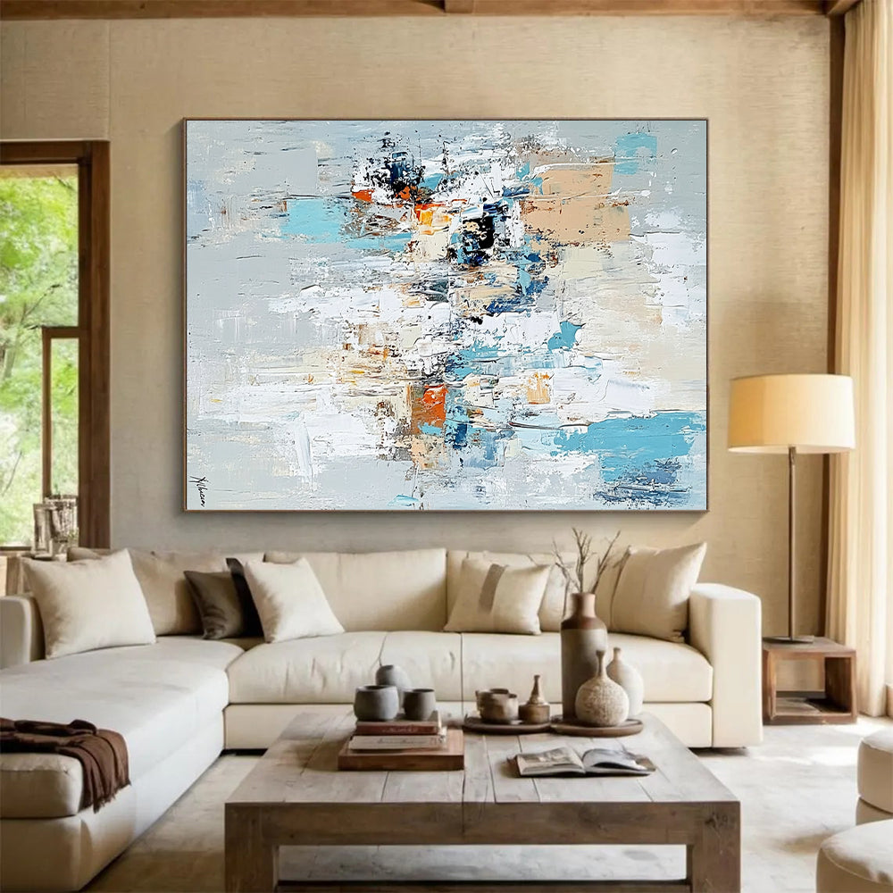 Affordable Large Abstract Wall Art, Blue Beige Orange Abstract Textured Art PT158