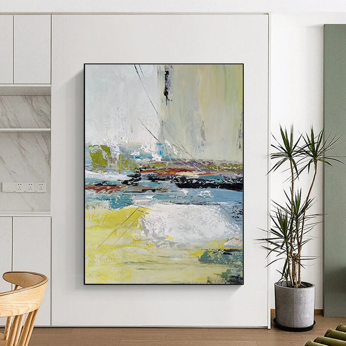 Acrylic Modern Art Paintings with Yellow, Blue, White, and Gray Abstract Landscape PT220