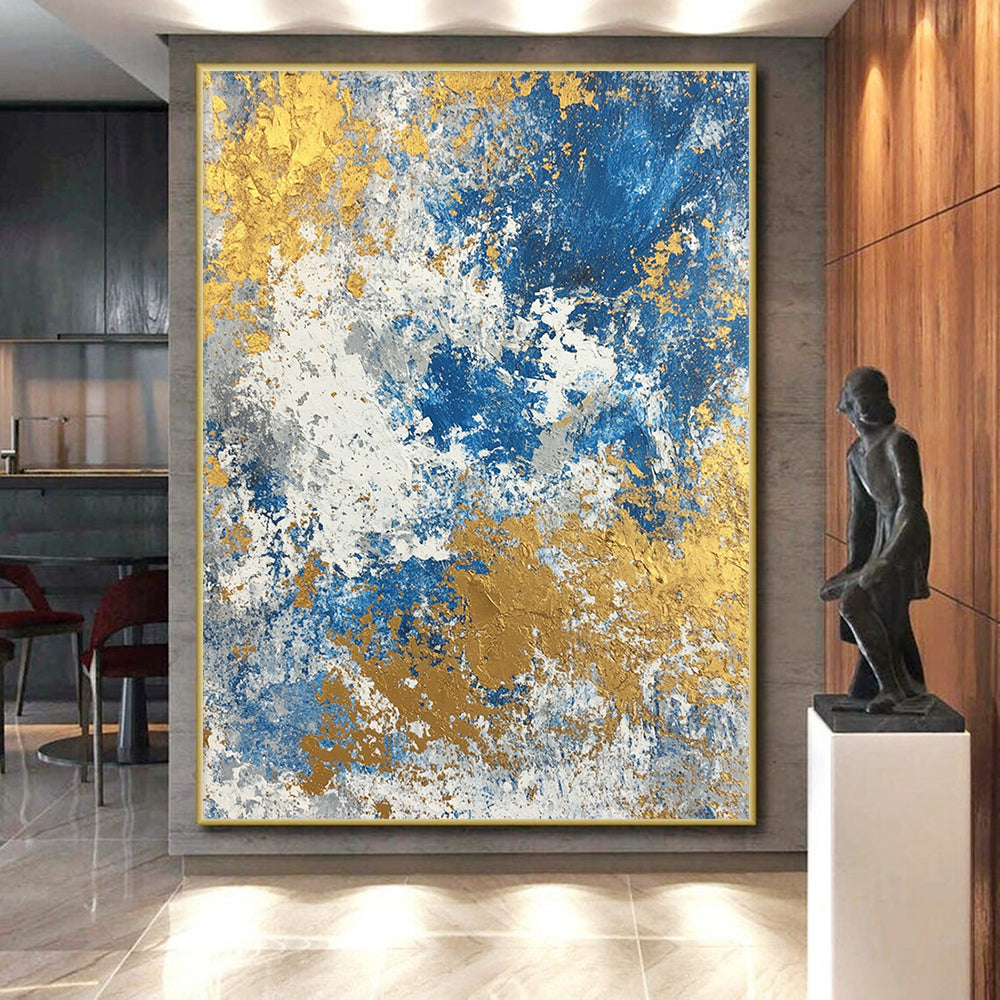 Acrylic Modern Art Paintings Blue, Gold & Gray Textured Abstract Painting On Canvas PT117