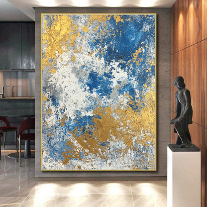 Acrylic Modern Art Paintings Blue, Gold & Gray Textured Abstract Painting On Canvas PT117