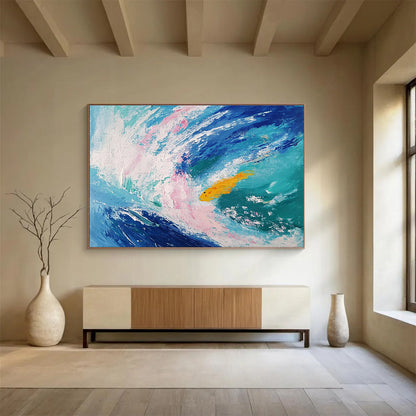 Paintings For House Blue, Pink, White & Yellow Abstract Coastal Painting With Fish HPS289