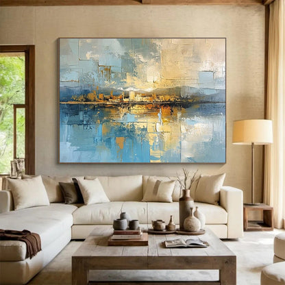 Hand-Painted Blue, Beige, and Gold Abstract City Reflection Art HPS381