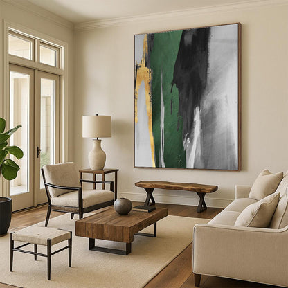 Hand-Painted Green, Black, Gold and Gray Abstract Dynamic Piece, Modern Art Acrylic PT536