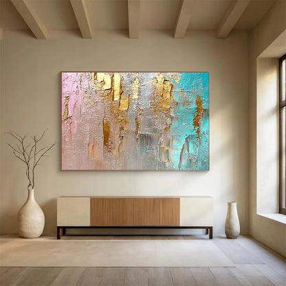 Unique Abstract Art Pink, Gold, Teal & Gray Textured Abstract Painting HPS276