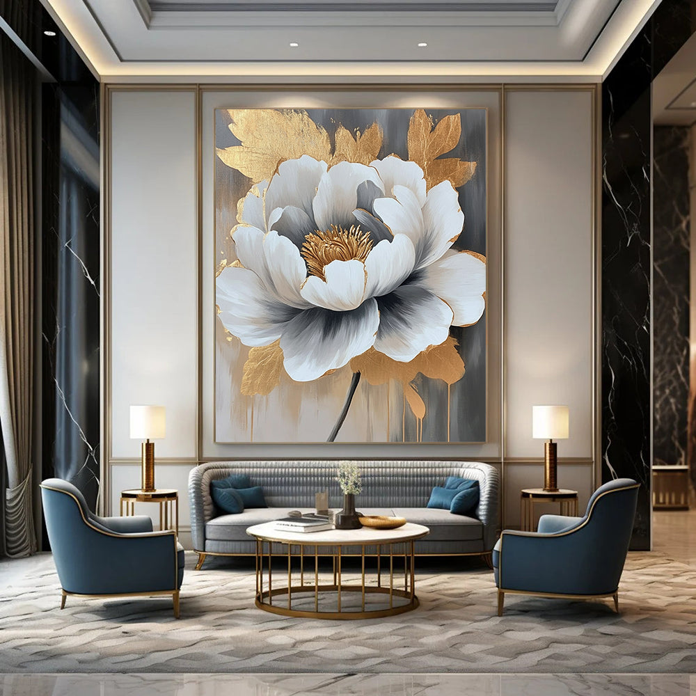 Paintings For House Gray, White, and Gold Floral Abstract Flower Painting DPS435