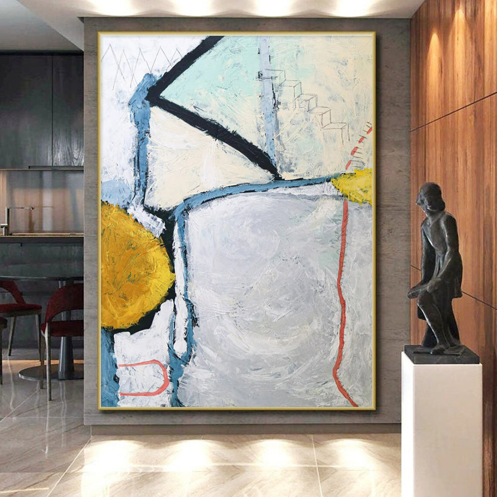 Oversized Abstract Wall Art Gray, Yellow, and Red Geometric Abstract Art PT826