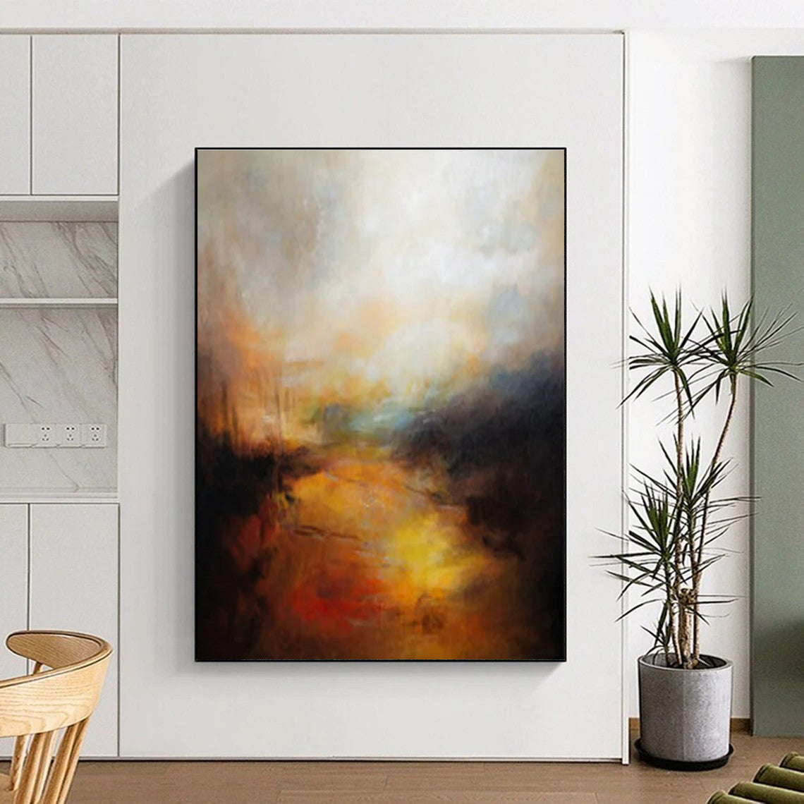 Modern Art Acrylic Orange, Yellow, and Black Textured Landscape Abstract Art PT808