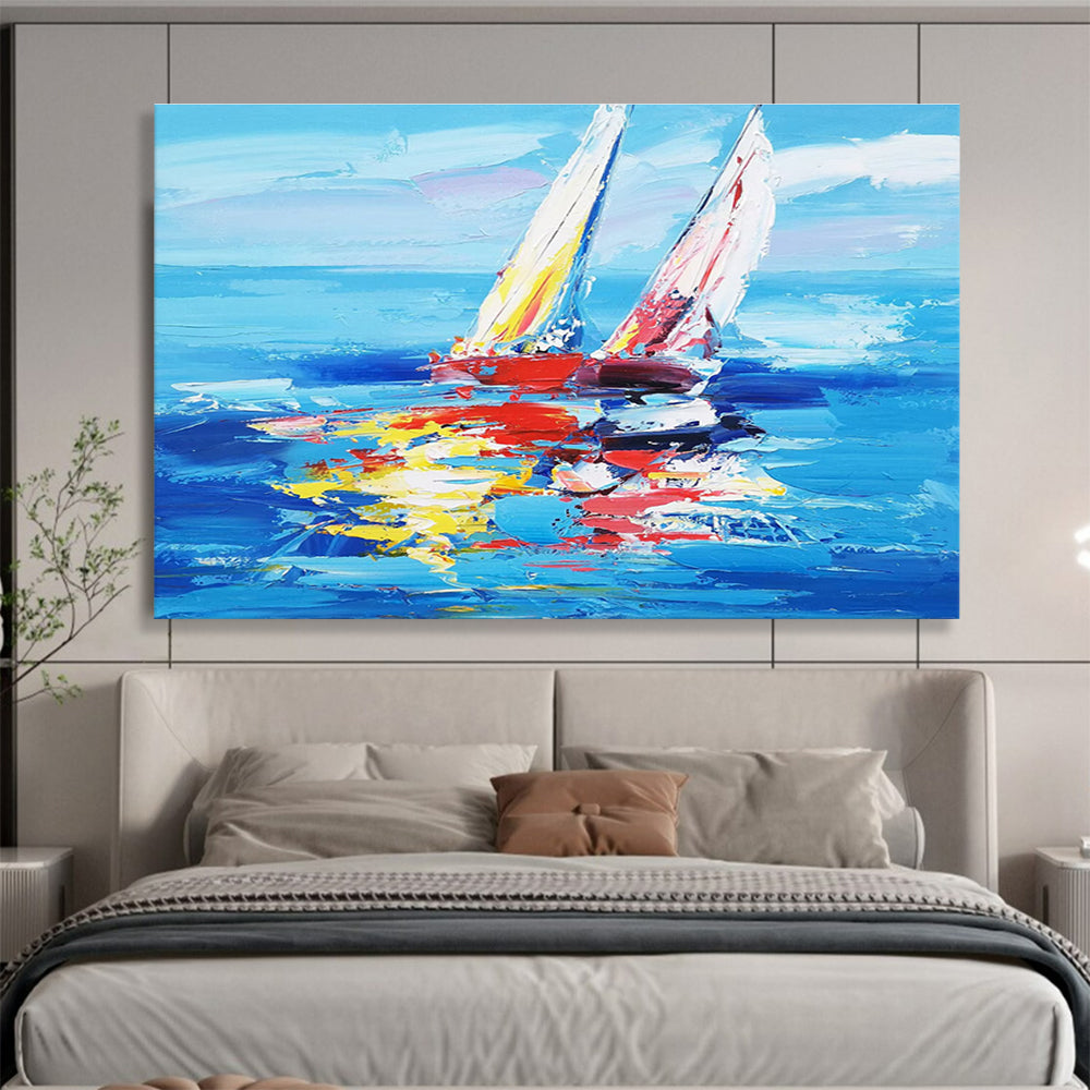 Hand Painting Blue, Red & Yellow Sailboat Impressionistic Acrylic Painting HPS232