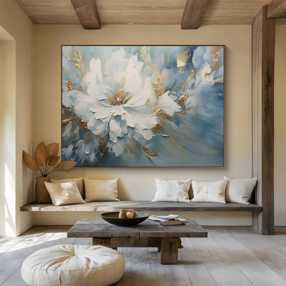 Oversized Abstract Wall Art Blue, White, and Gold Textured Abstract Floral Art HPS407