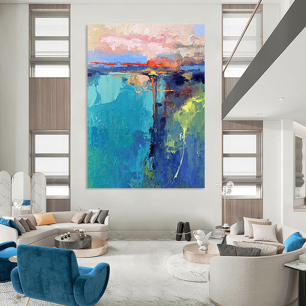 Cool Abstract Paintings Teal, Blue, and Orange Textured Abstract Landscape Art DPS483