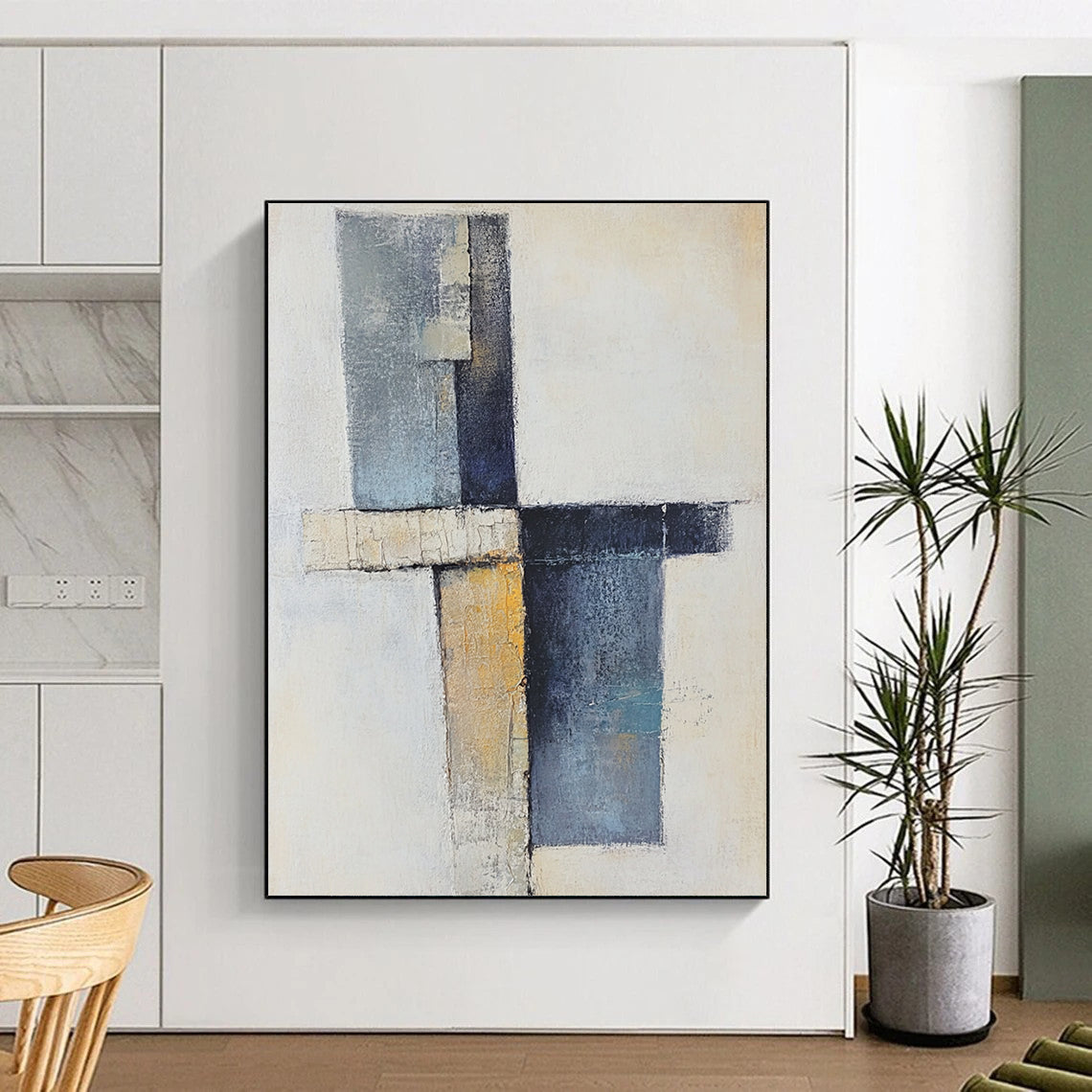 Modern Large Abstract Canvas Painting, Blue Beige Gray Abstract Geometric Art PT157