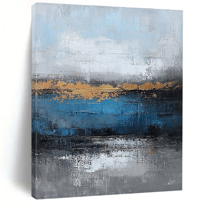 Large Contemporary Wall Art Blue, Gray, and Gold Abstract Landscape Painting DPS429