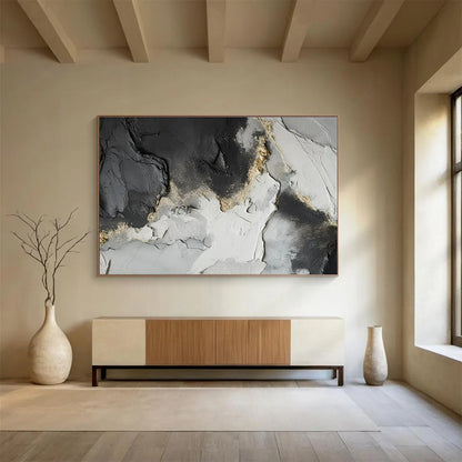 Hand-Painted Black, White, and Gold Textured Abstract Landscape Art HPS361