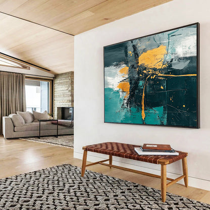 Oversized Abstract Wall Art Teal, Gold, and Black Textured Expressionist Art HPS327
