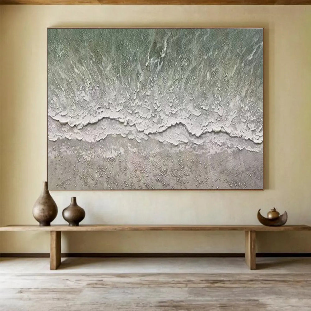 Large Contemporary Wall Art Green and White Textured Abstract Seaside Art HPS386