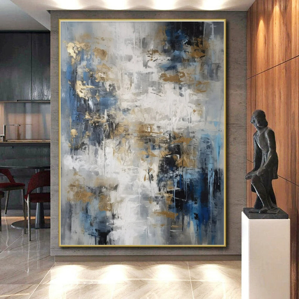 Oversized Abstract Wall Art Blue, Gold, and Gray Textured Abstract Art PT746